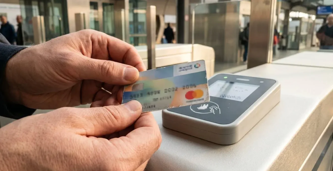 Extreme close-up of a multi-day travel pass being scanned on an electronic validation reader, shallow depth of field