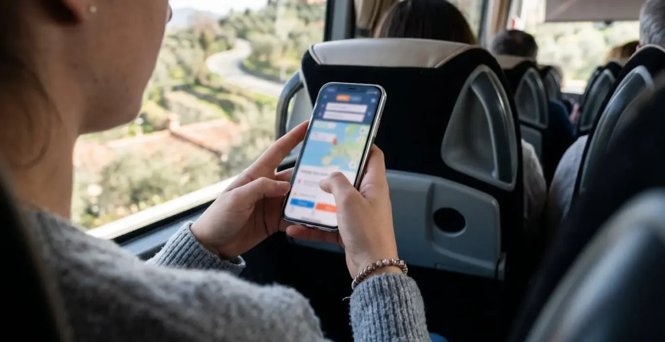 Person holding smartphone showing bus tour app with route map, viewed from over the shoulder, screen intentionally blurred
