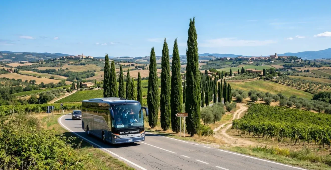 Modern tour bus traveling on a rural Tuscan road lined with cypress trees under clear blue sky