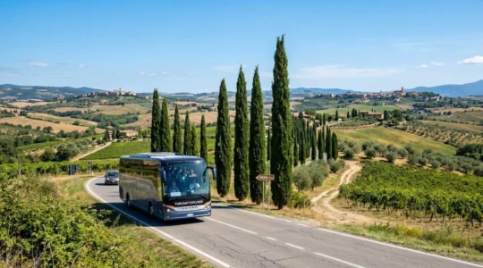 Modern tour bus traveling on a rural Tuscan road lined with cypress trees under clear blue sky