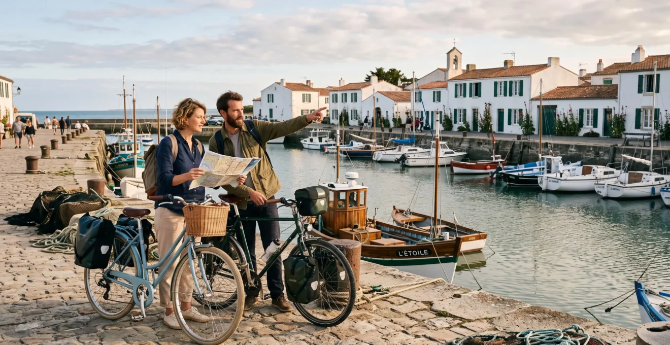 A couple planning their route with a paper map on a harbor quay.