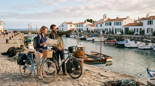 A couple planning their route with a paper map on a harbor quay.