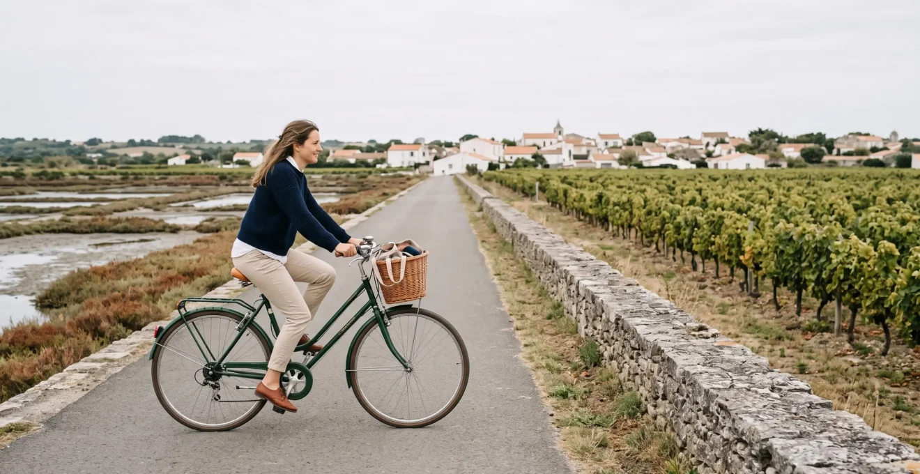 A cyclist rides along a flat cycle path between vineyards and stone walls.