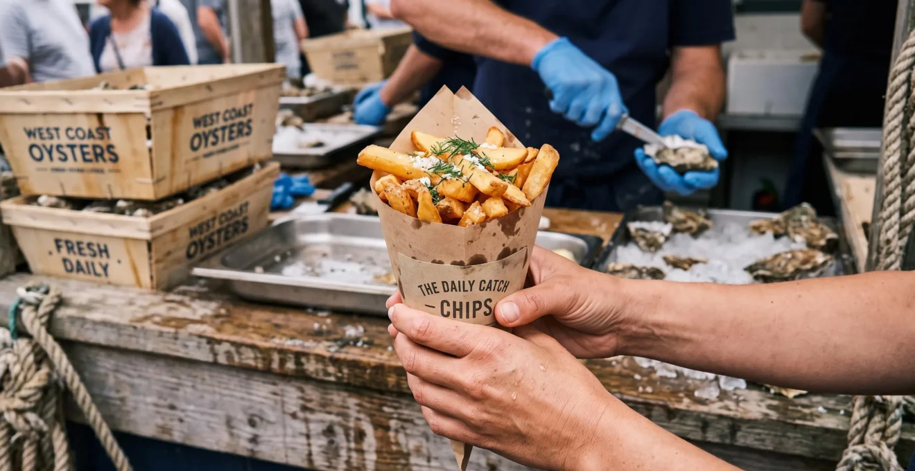 Hands hold a paper cone of chips at a seafood market stall.