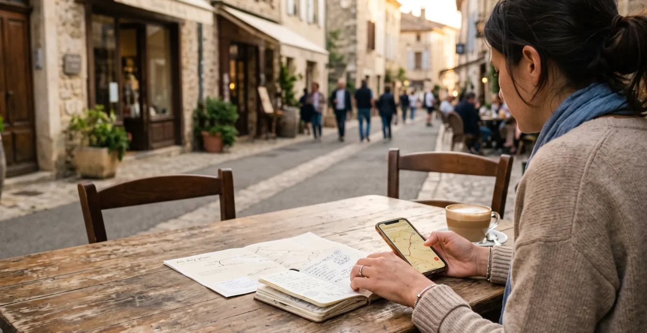 A traveler organizes a day plan and map at a café terrace table.